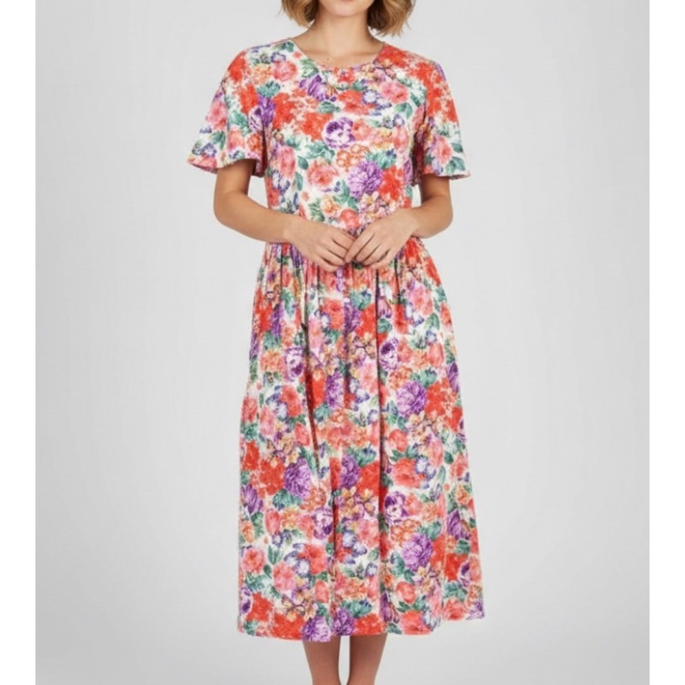 VTG FLORAL COTTON SHIFT DRESS Cottagecore Prairie FULL BUTTON-DOWN SKIRT sz 12